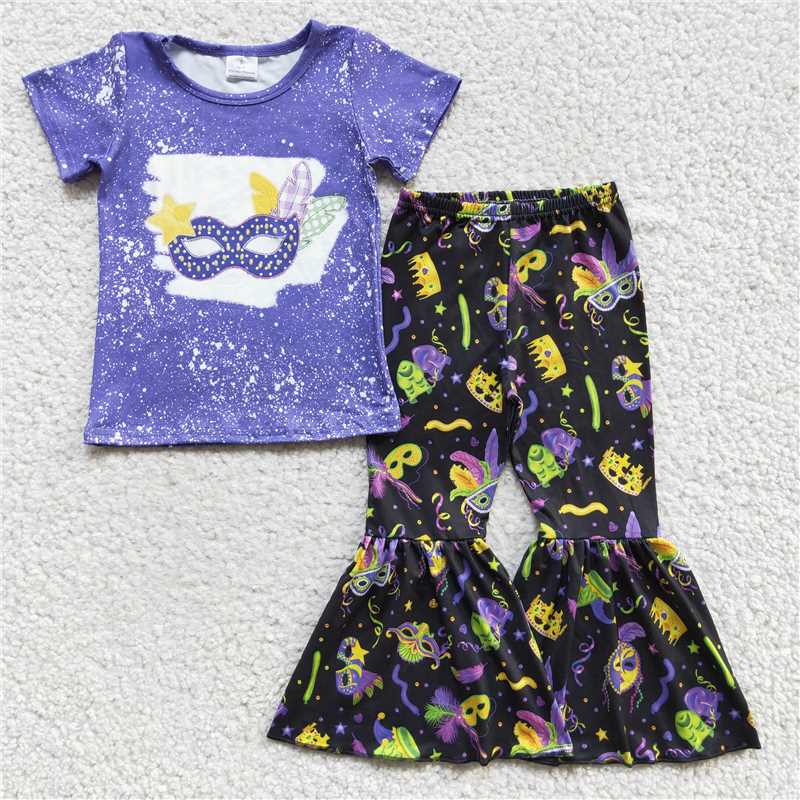 RTS NO MOQ Sibling baby girl clothes Mask Letter Short Sleeve Top & Sequin Flared Pants Sets