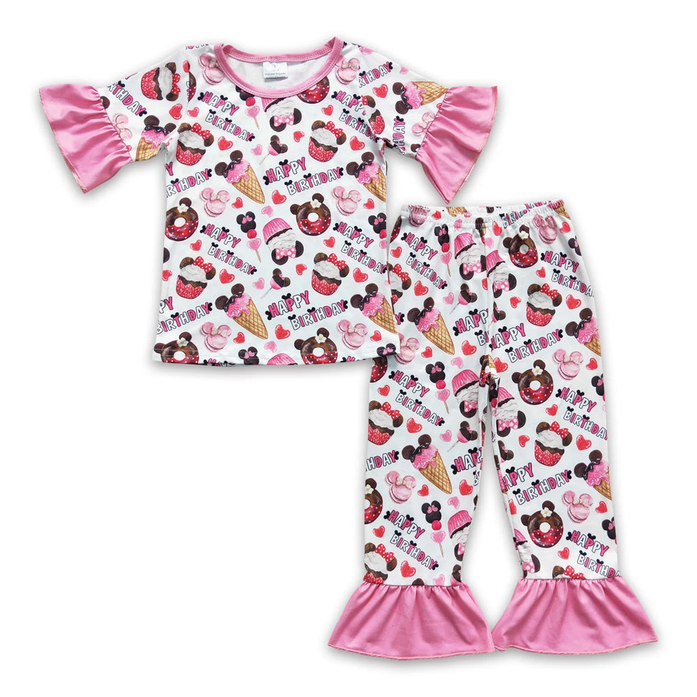 RTS NO MOQ Sibling milk silk Cute Clothes Baby Girls Birthday Cake Print Top Matching Pants Pajamas Clothes Set dresses