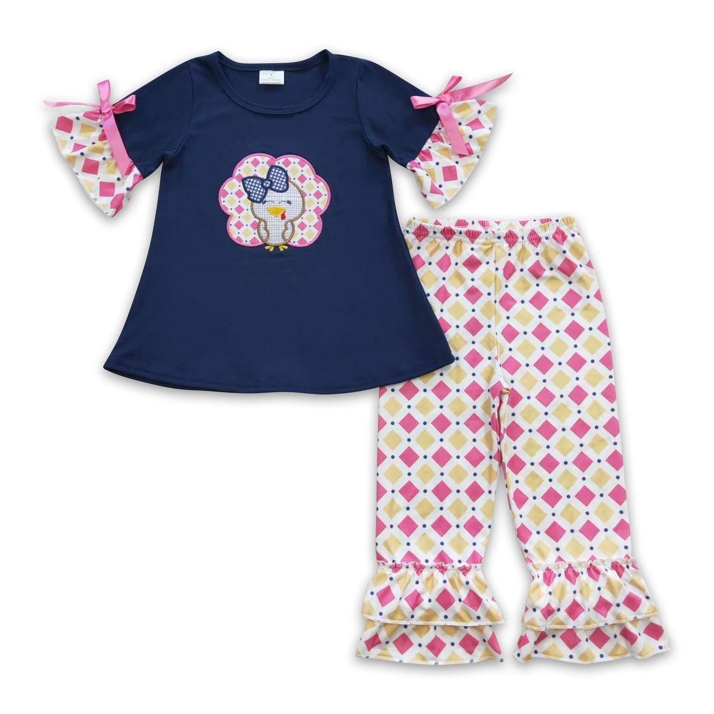 RTS NO MOQ Sibling milk silk Baby Girls Cute Thanksgiving Pies Print Top Ruffle Pants Two Piece Clothing Sets
