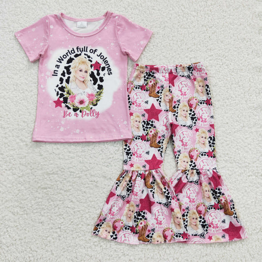 GSPO0719 girls cow print pink short-sleeved trouser suit