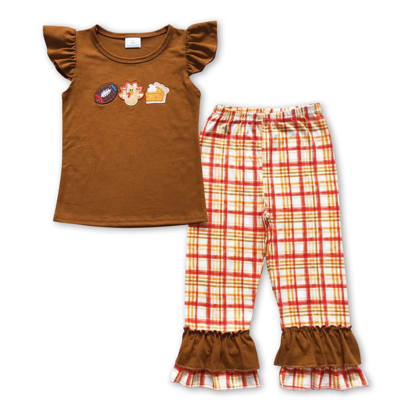 RTS NO MOQ Sibling milk silk Baby Girls Cute Thanksgiving Pies Print Top Ruffle Pants Two Piece Clothing Sets