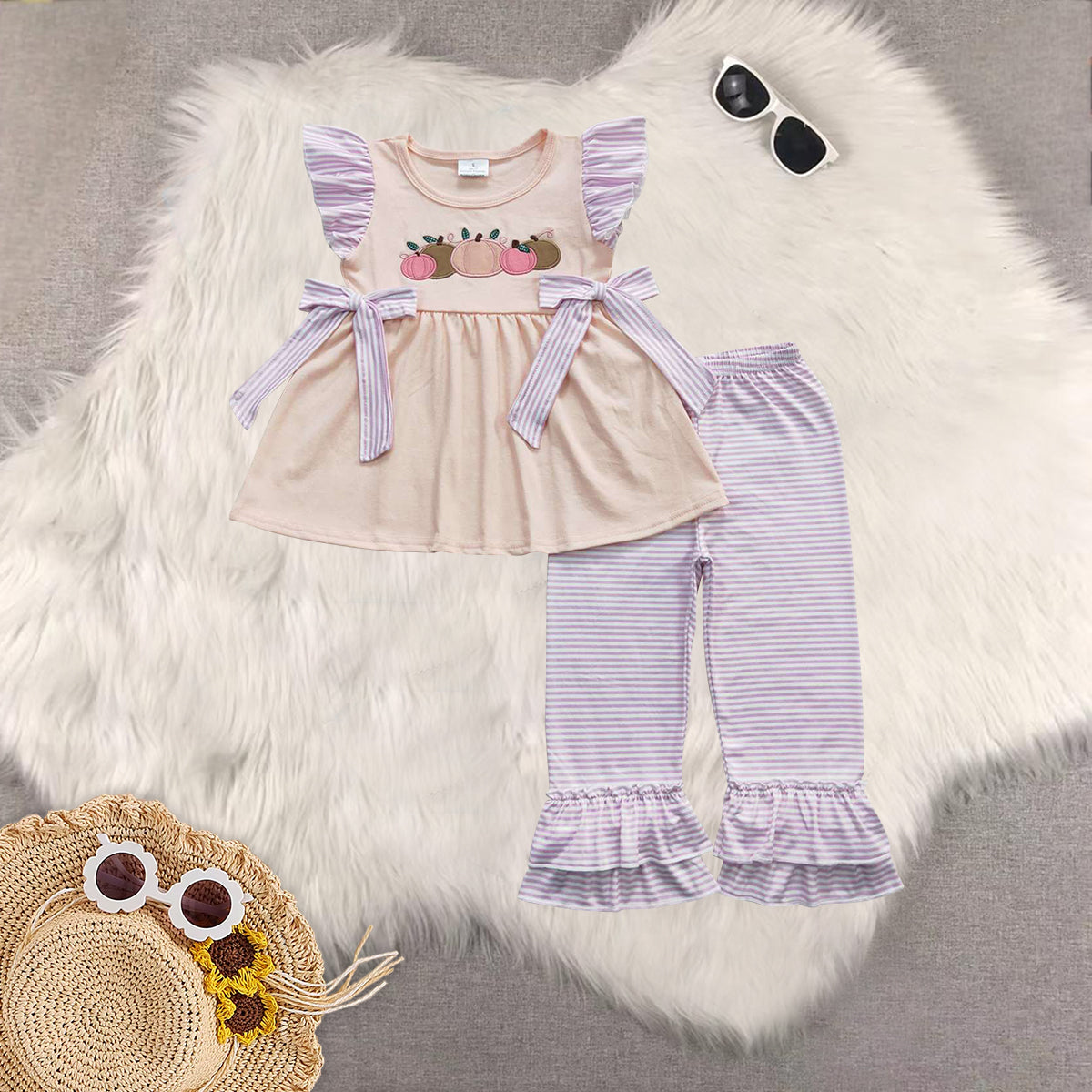 RTS NO MOQ Sibling Baby Girls embroidery pumpkin short Sleeve Pants Set