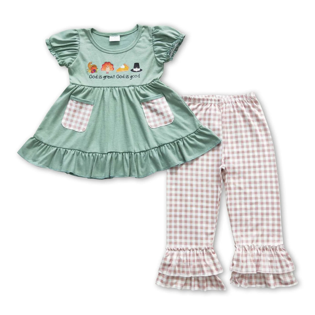 RTS NO MOQ Sibling milk silk Baby Boys Girls Light Green Thanksgiving Turkey Short Sleeve Top Pants Casual Sets Rompers