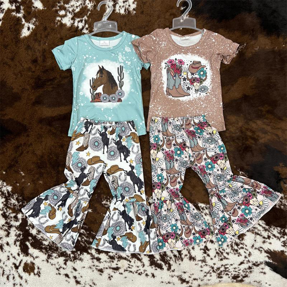 RTS NO MOQ Sibling baby Girls clothes western short sleeve pants Sets