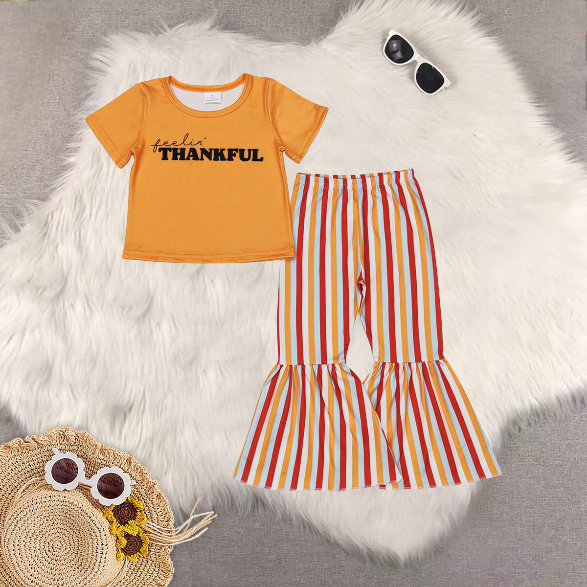 RTS NO MOQ Sibling Baby Girls thankful short Sleeve Pants Set