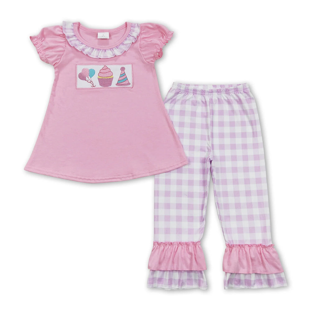 RTS NO MOQ Sibling milk silk Baby Girls Boys Embroidery Birthday Print Short Sleeve Tee Top Matching Pants Clothing Set
