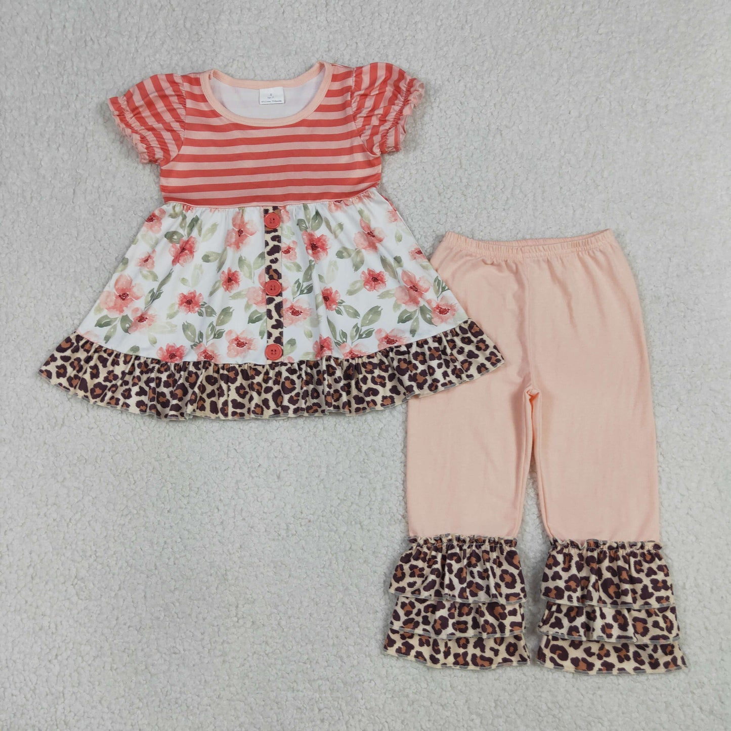 RTS NO MOQ GSPO1044 Baby Girls Leopard Flower Print Tunic with Ruffle Pants Outfit Set Cute Baby Girl Clothing Set