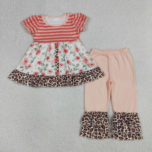 RTS NO MOQ GSPO1044 Baby Girls Leopard Flower Print Tunic with Ruffle Pants Outfit Set Cute Baby Girl Clothing Set