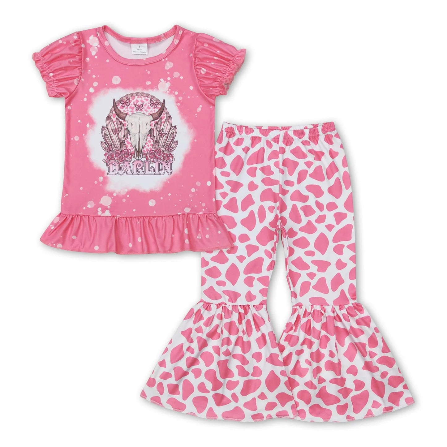 RTS NO MOQ Sibling milk silk Baby Girls Western Bull Skull Turquoise Top And Bell Bottom Pants Two Piece Outfit
