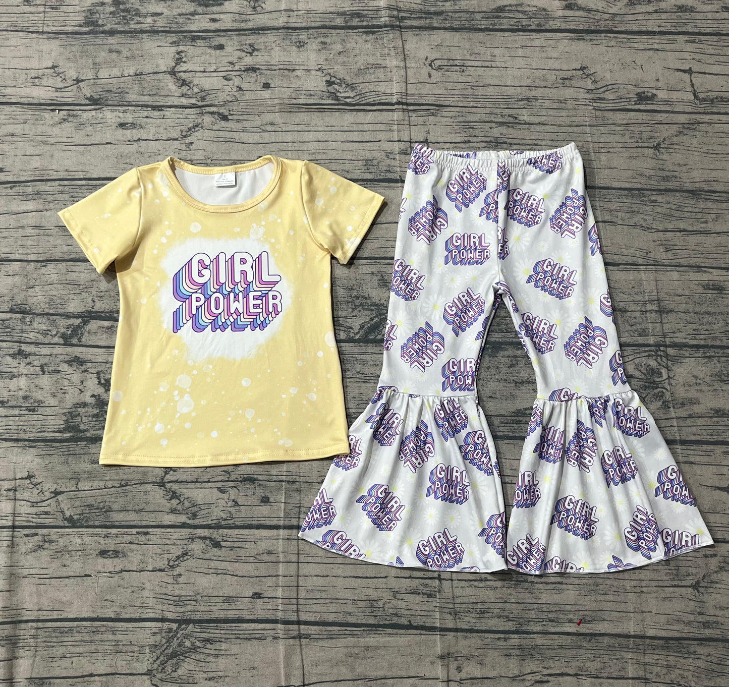 GSPO1092 girl power letter flower yellow short-sleeved gray trousers suit-25.12.31