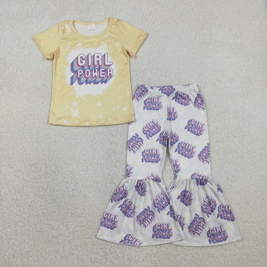 RTS NO MOQ GSPO1092 Baby Girl Short Sleeve Shirt Top with Bell Bottom Pants Outfit Set Cute Casual Clothing
