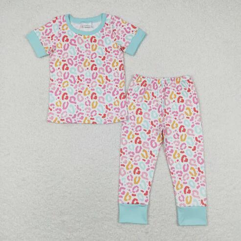 RTS NO MOQ Sibling Baby Girls Floral Leopard Short Sleeve Top And Pants Pajamas Set
