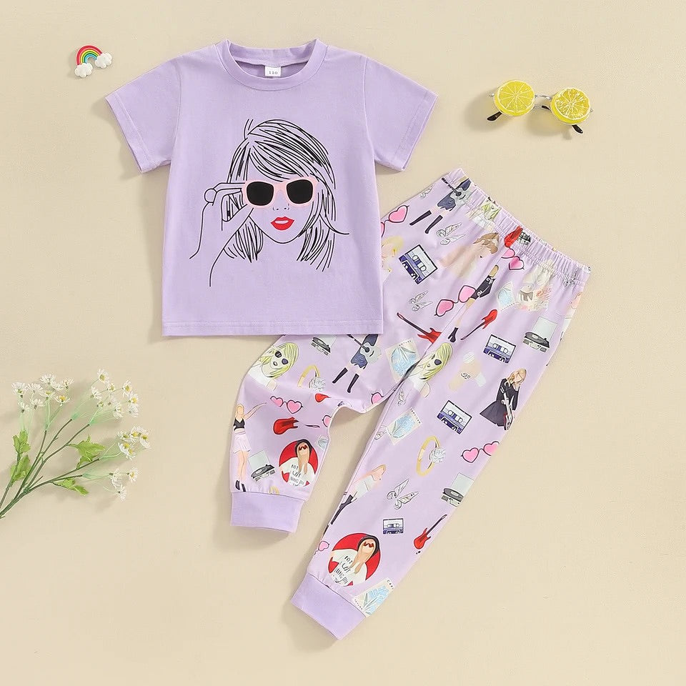 Purple Girls Short Sleeve Pants Suit