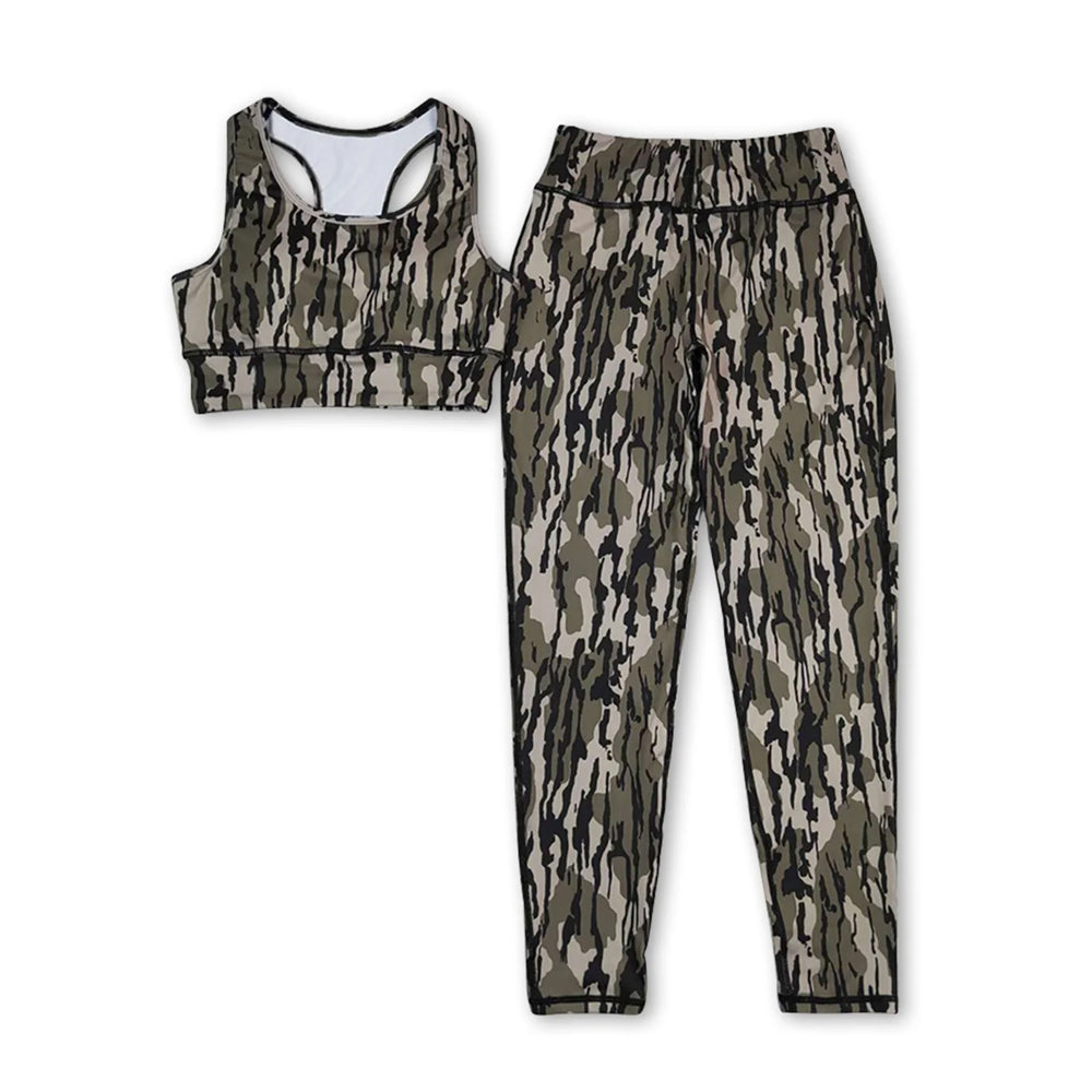 RTS NO MOQ Sibling yoga fabric Adult Women Camo Print Sleeveless Vest Top Matching Pants Two Piece Yoga Sports Clothes Set