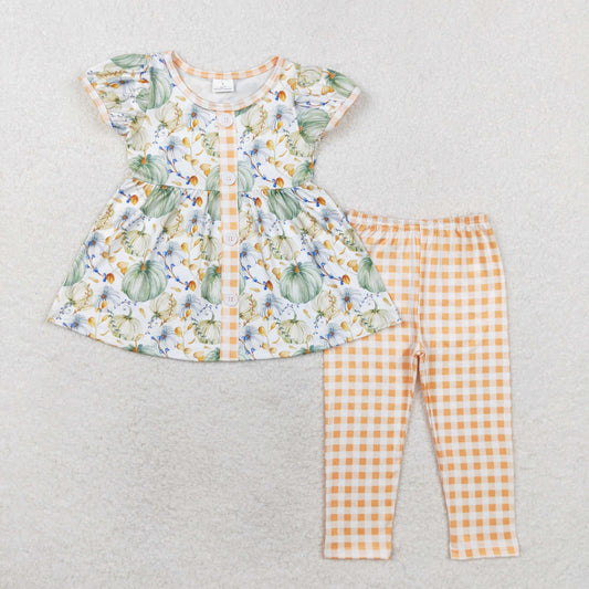 RTS NO MOQ GSPO1554 Pumpkin short sleeve orange plaid trouser suit