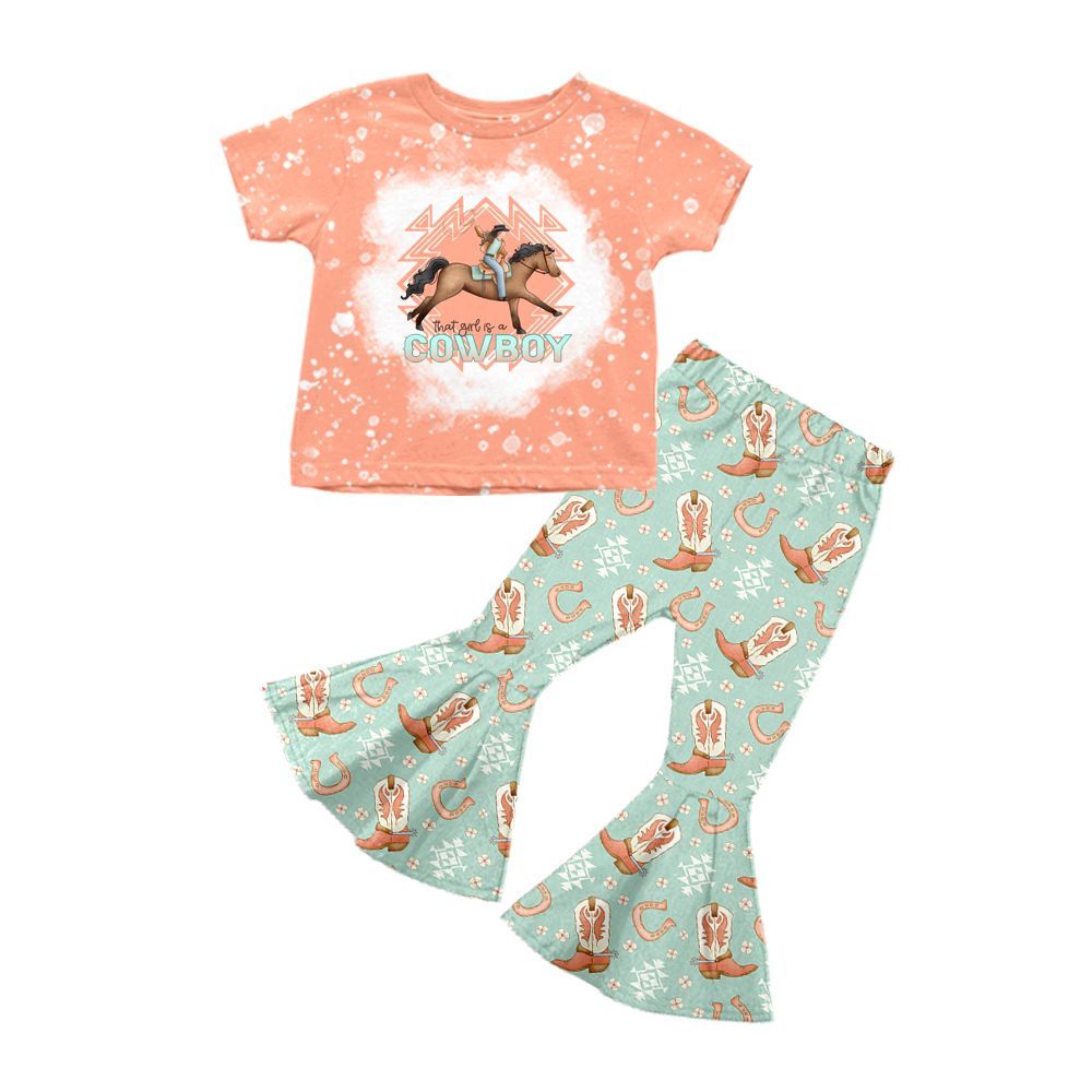 (Preorder new) No moq GSPO1571 Baby Girls Cute Cowboy Rodeo Shirt Boots Bell Pants Clothes Sets