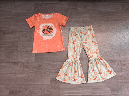 (Sample) No moq milk silk GSPO1571 Baby Girls Cute Cowboy Rodeo Shirt Boots Bell Pants Clothes Sets