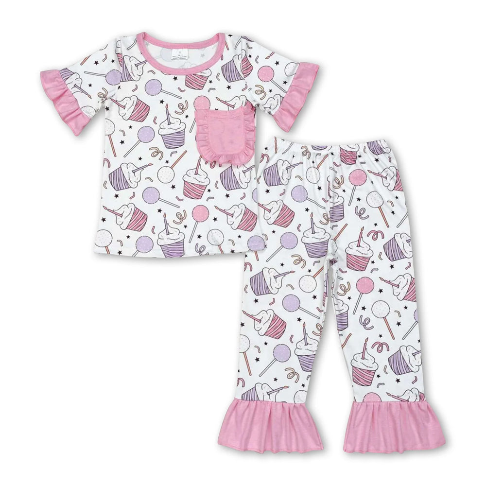 RTS NO MOQ Sibling milk silk Baby Girls Boys Cupcake Print Pocket Top Matching Pants Two Piece Pajamas Clothes Set