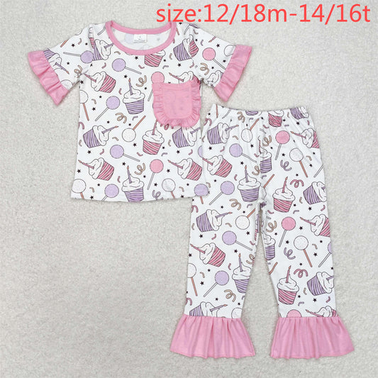 RTS NO MOQ（In Stock) GSPO1575 Birthday candle cake pink lace pocket short-sleeved long pants pajamas set