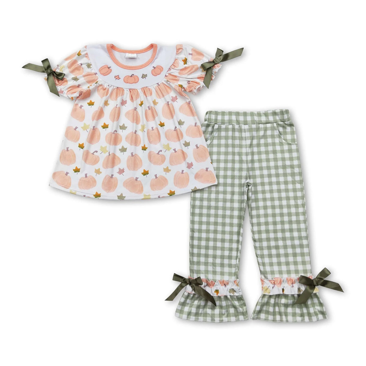 RTS NO MOQ Sibling Baby girls boy clothes Embroidery pumpkin short sleeved trousers suit & romper