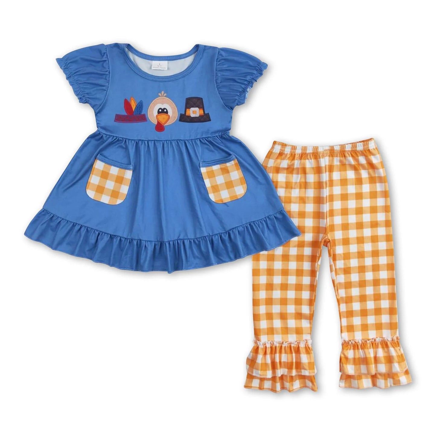 RTS NO MOQ Sibling milk silk Baby Girls Thanksgiving Green Turkey Print 2Pcs Ruffle Pants Clothes Sets