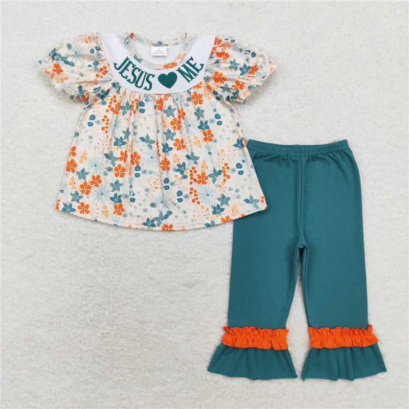 RTS baby girls clothes embroidery Short Sleeve pants sets dress romper