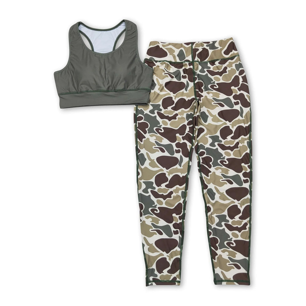 RTS NO MOQ Sibling yoga fabric Adult Women Camo Print Sleeveless Vest Top Matching Pants Two Piece Yoga Sports Clothes Set