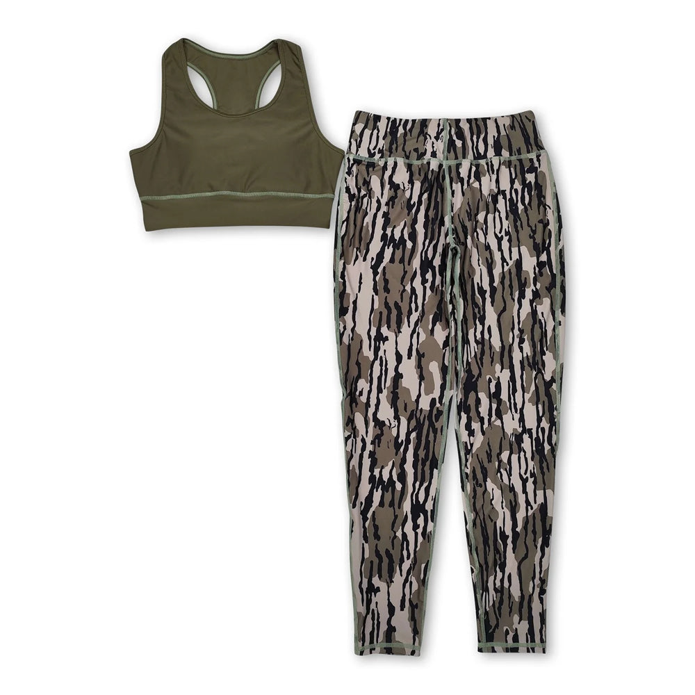 RTS NO MOQ Sibling yoga fabric Adult Women Camo Print Sleeveless Vest Top Matching Pants Two Piece Yoga Sports Clothes Set
