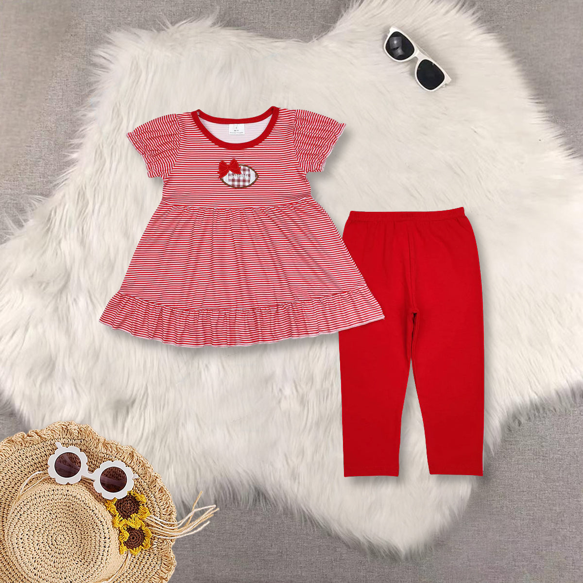 RTS NO MOQ Sibling Baby Girls Stripes embroidery Football Tunic Legging Clothes Sets