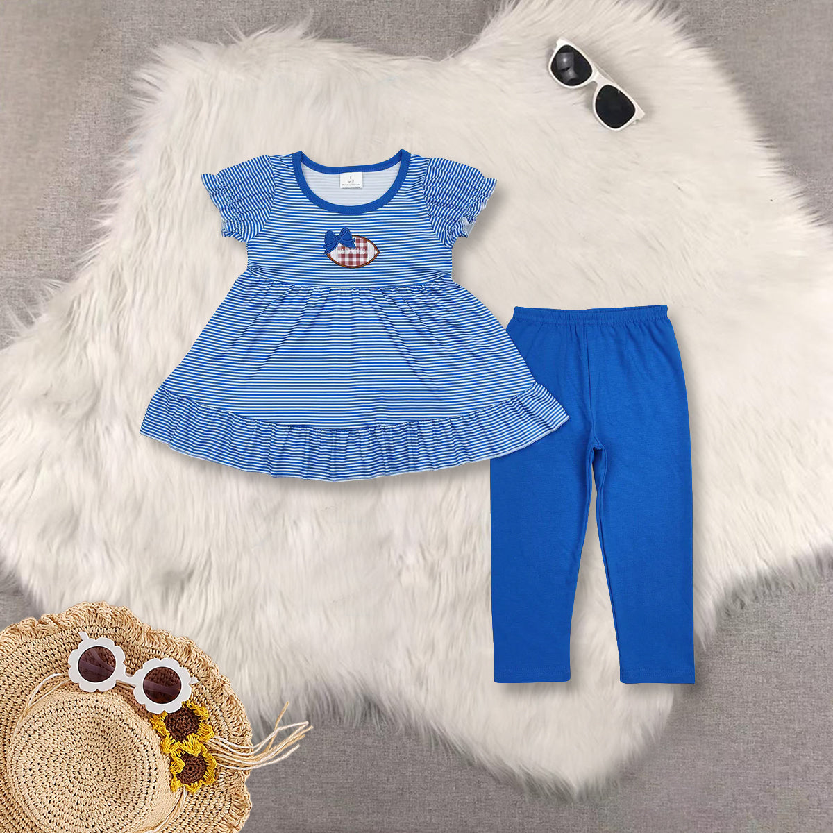 RTS NO MOQ Sibling Baby Girls Stripes embroidery Football Tunic Legging Clothes Sets