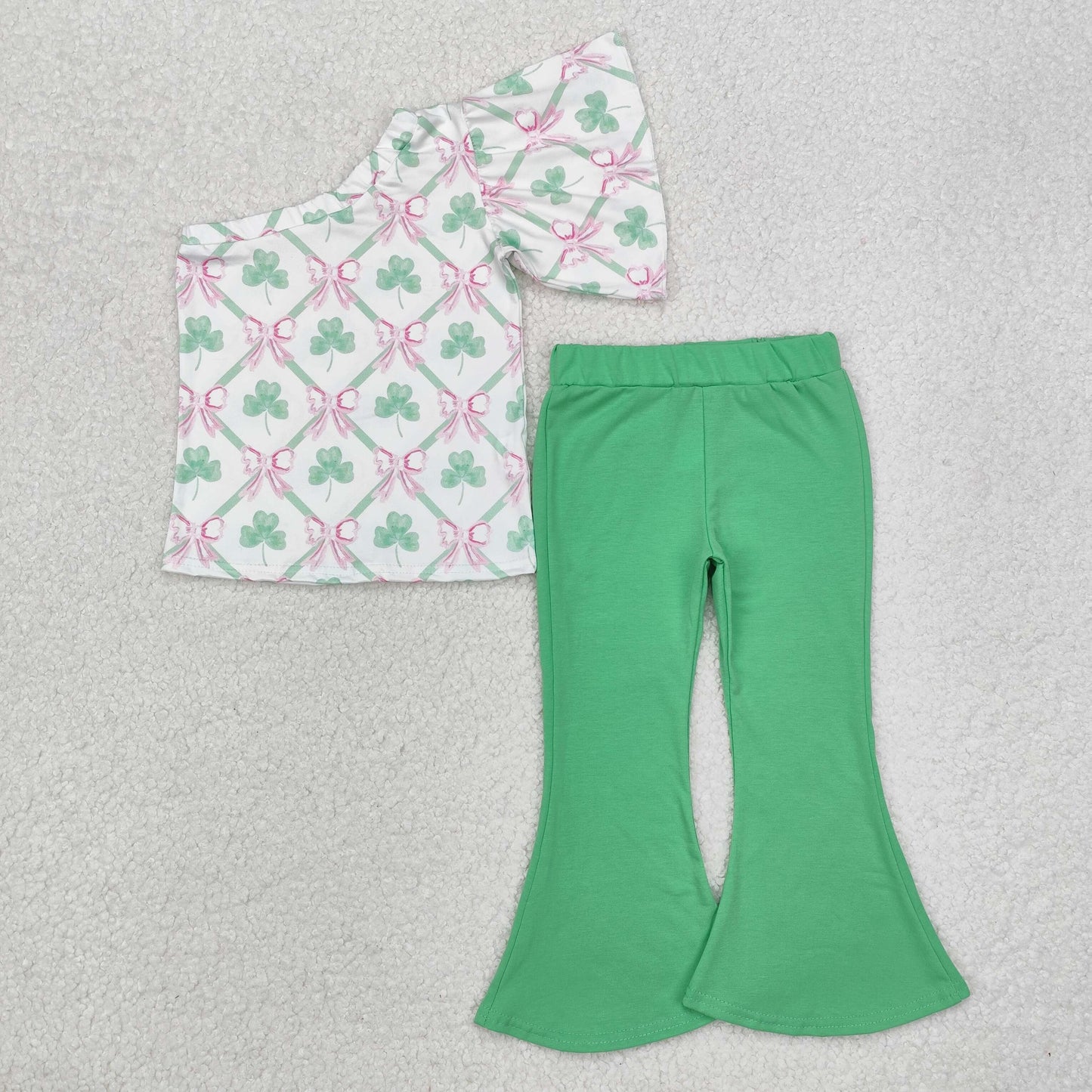 RTS NO MOQ Sibling baby Girls St. Patrick's Four Leaf Clover Short Sleeve shirt pants clothing sets and romper and dress