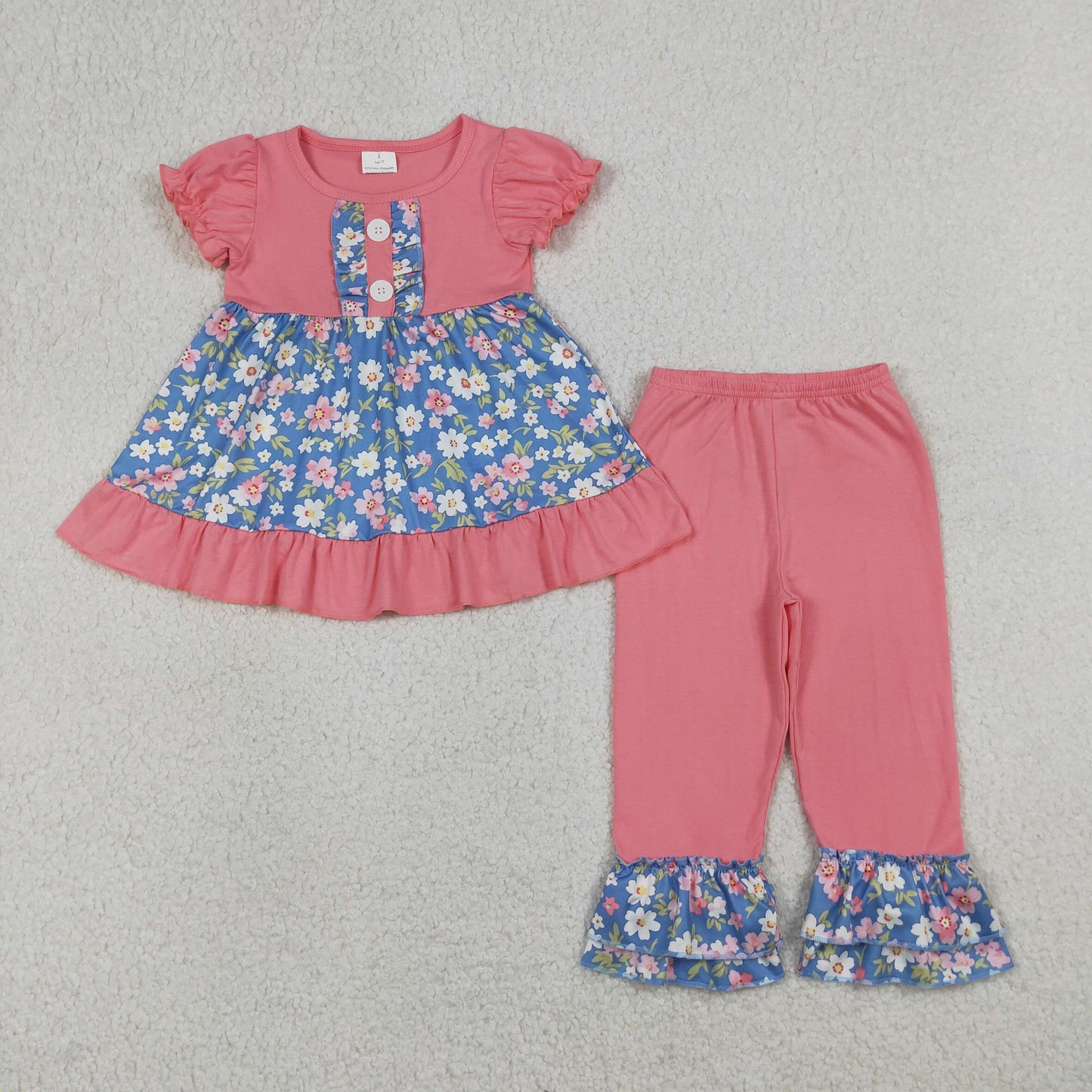RTS NO MOQ GSPO1814 Baby Girls Colorful Flowers Button Tunic Top with Ruffle Pants Clothing Set