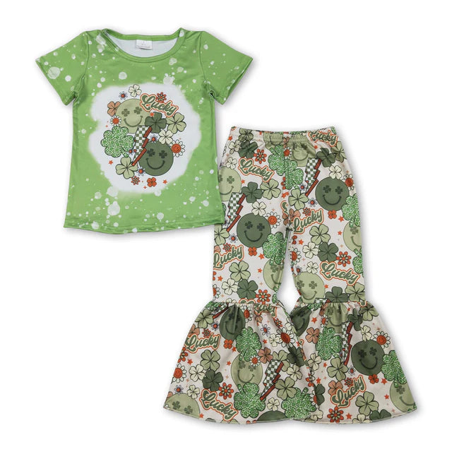 RTS NO MOQ Sibling Baby Girl Short Sleeve Shirt Top Bell Bottom Pants Clothes Sets