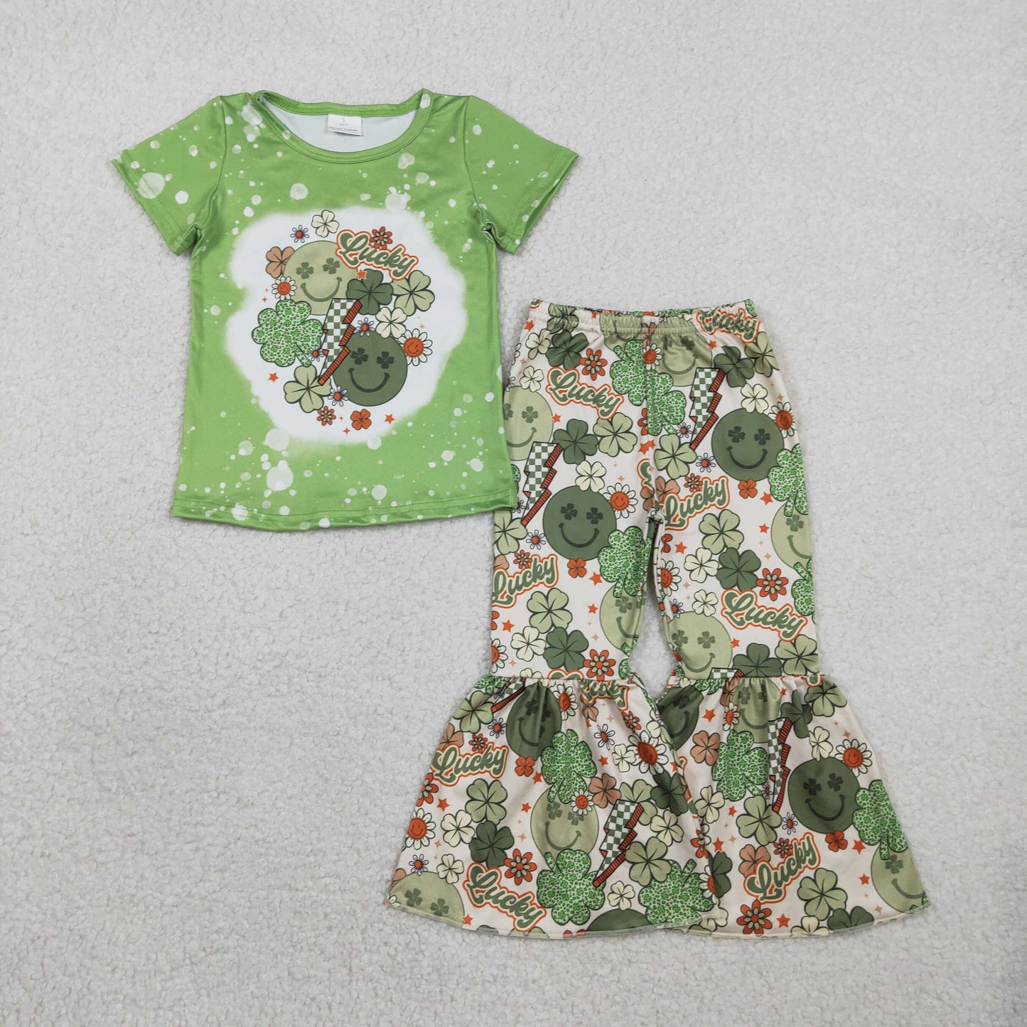 RTS NO MOQ GSPO1876  Baby Girls St. Patrick's Day Outfit Set with Smile Four-leaf Clover Shirt Top And Bell Pants Cute Baby Clothing Set