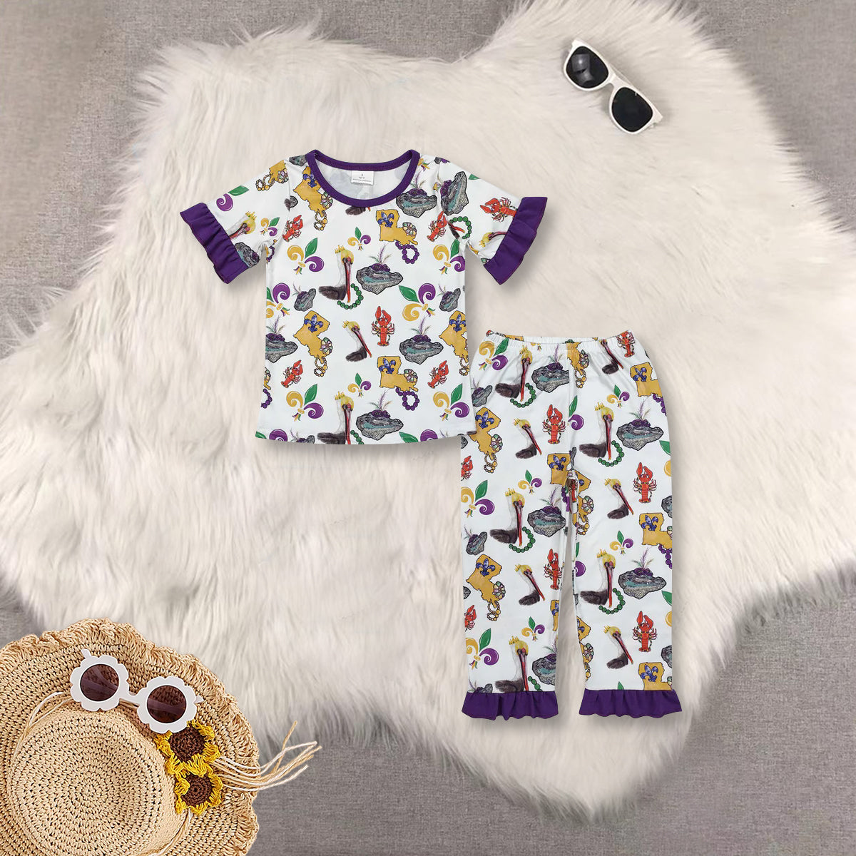 RTS NO MOQ Sibling baby Girls Boys Mardi gras short sleeve pants sets 2 and rompers 2