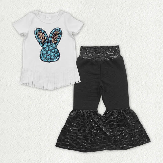 RTS NO MOQ Baby Girls Turquoise Short Sleeve Top Leopard Bell Pants Clothes Sets