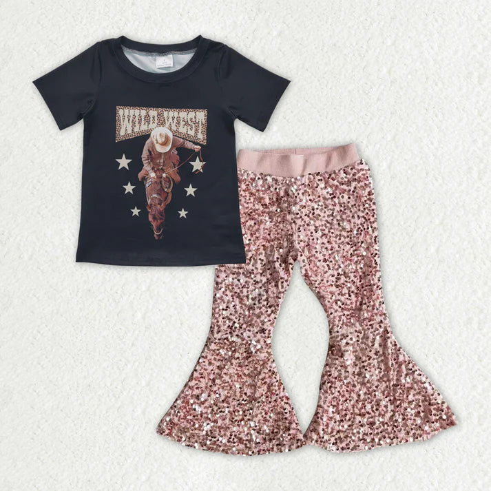 RTS NO MOQ Baby Girls' Wild West Western Top, Pink Sequin Bell Pants, Clothes Sets