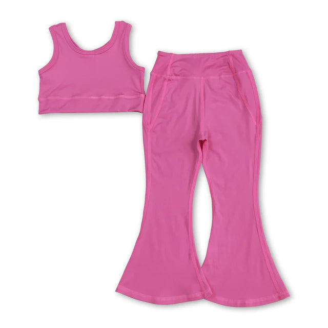 RTS NO MOQ Sibling 3 Colors Baby Girls Yoga Vest Bell Bottom Pants Active Wear Outfits