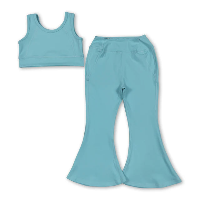 RTS NO MOQ Sibling 3 Colors Baby Girls Yoga Vest Bell Bottom Pants Active Wear Outfits