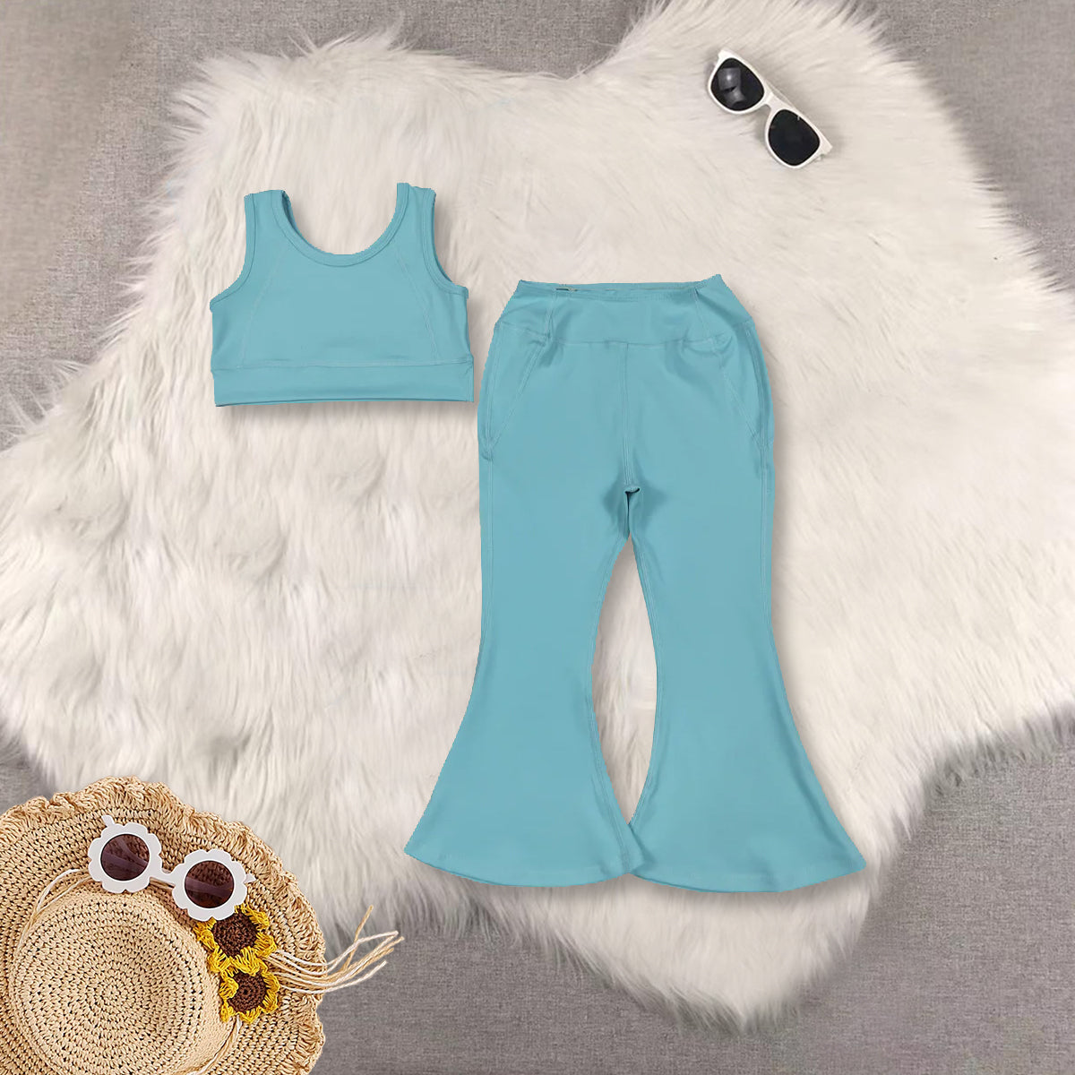 RTS NO MOQ baby girl clothes Solid blue sleeveless pants yoga set and skirts sets