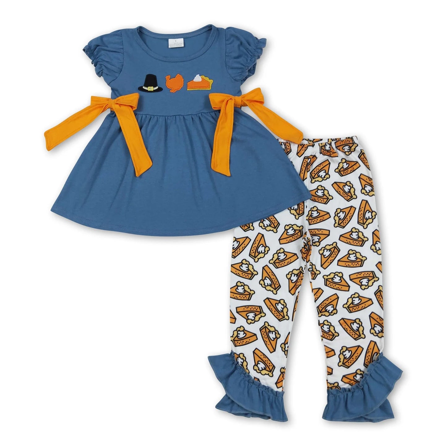 RTS NO MOQ Sibling milk silk Baby Girls Cute Thanksgiving Pies Print Top Ruffle Pants Two Piece Clothing Sets