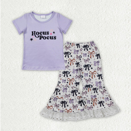 RTS NO MOQ（In Stock) GT0667+P0783 Hocus Pocus Purple Star Short-Sleeved Top Halloween Bow Pattern Star Lace Pants sets