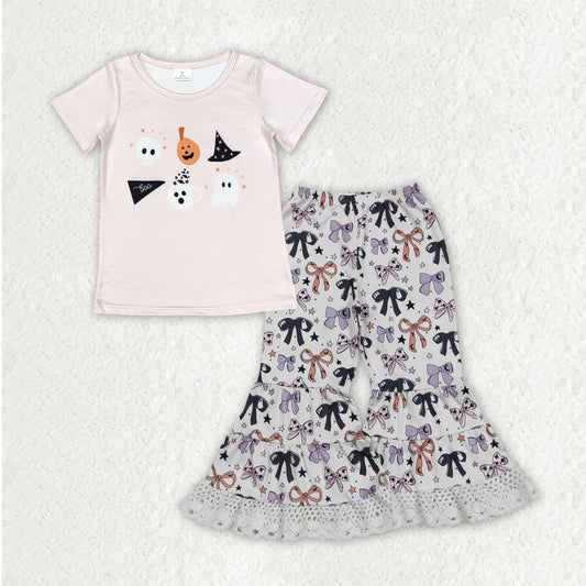 RTS NO MOQ Baby Girls Halloween Costume Set Ghost Pumpkins Top with Bows Lace Bell Bottom Outfit for Infants Toddler Girls