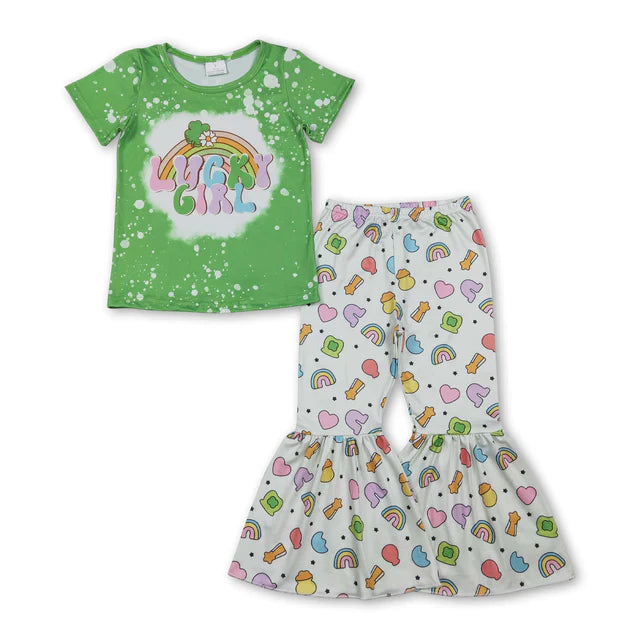 RTS NO MOQ Sibling Baby Girl Short Sleeve Shirt Top Bell Bottom Pants Clothes Sets