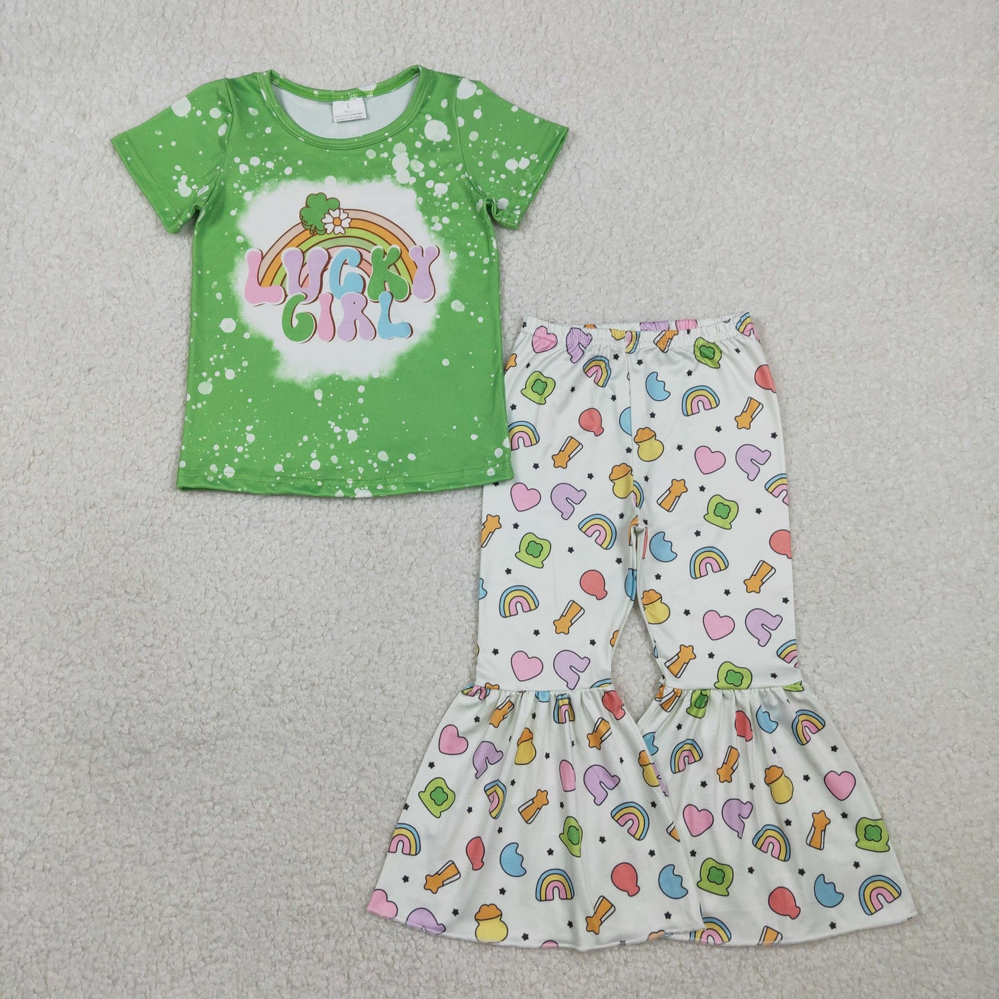 RTS NO MOQ GSPO2101  Baby Girl's St. Patrick's Day Outfit Set Lucky Clover Top with Bell Bottom Pants