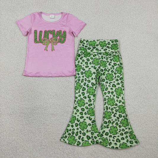 RTS NO MOQ GSPO2104 Baby Girls St. Patrick's Day Outfit Set Clover Bow Lucky Top with Bell Bottom Pants Cute Baby Girl Clothing Set