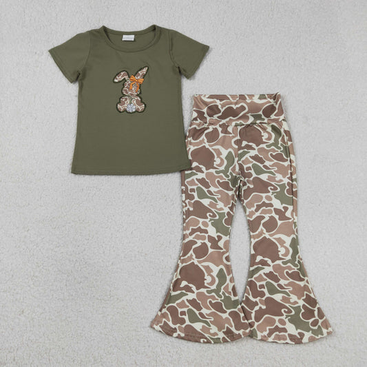 RTS NO MOQ GSPO2110 Baby Girls Easter Outfit Set Embroidery Camo Rabbit Print Shirt Top with Bell Bottom Pants