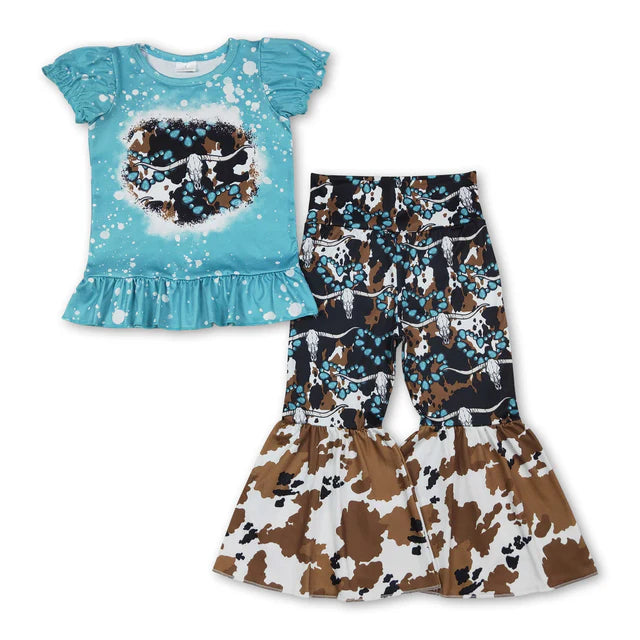 RTS NO MOQ Sibling Baby Girl Short Sleeve Shirt Top Bell Bottom Pants Clothes Sets
