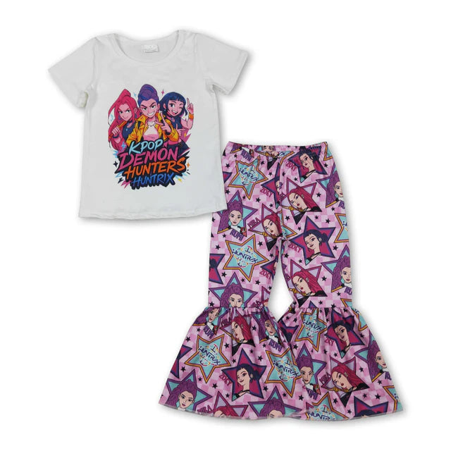 RTS NO MOQ Sibling Baby Girl Short Sleeve Shirt Top Bell Bottom Pants Clothes Sets