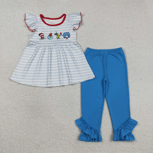 RTS NO MOQ GSPO2136 Baby Girls Blue Stripe Tunic Ruffle Pants Outfit Set Baby Clothing Set for Girls